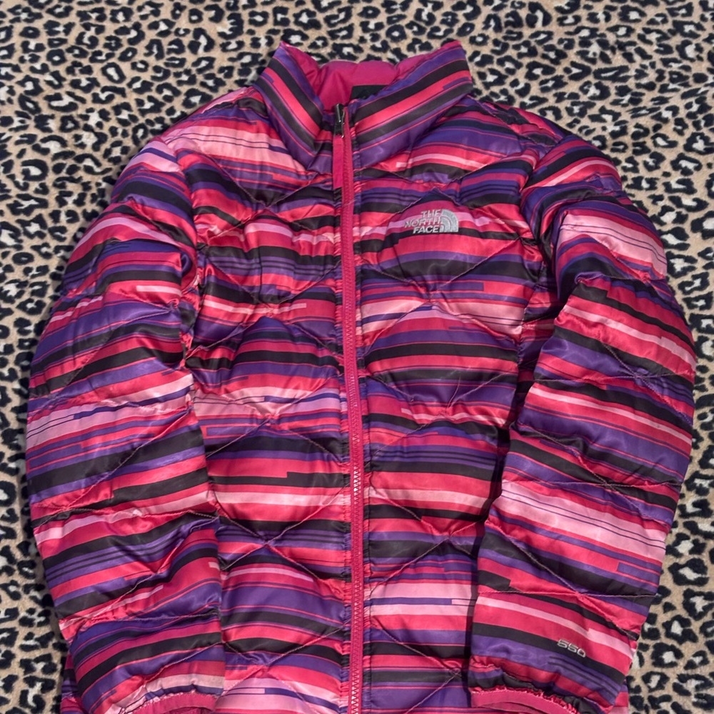 The North Face Striped Puffer Jacket — Pink, Purple & Black kids L